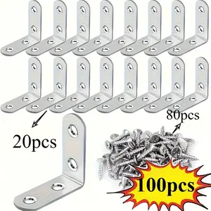 Set of 20 Stainless Steel L-Type Mounting Brackets, Includes 20 Corner Supports and 80 Screws, 90-Degree Angle, Ideal for Wood Shelves, Chairs, Tables, Dressing Tables, Furniture Assembly
