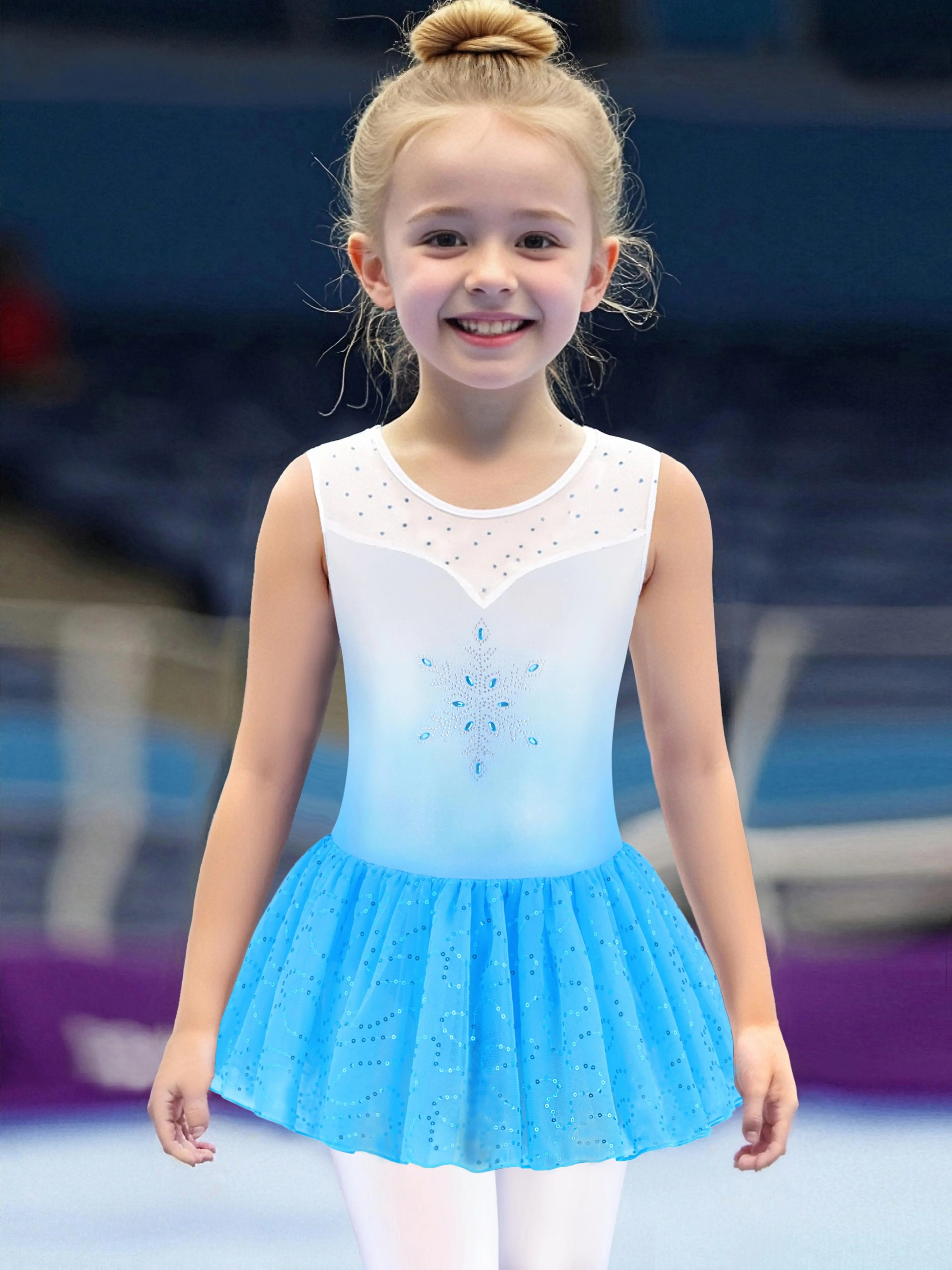 Girls' Sleeveless Triangle Gymnastics Tight with Snowflake Diamond Patchwork Flared Mesh Skirt - A-Line Cut, Tight Silhouette, Child Sizes 3-4y/11-12y, Polyester Blend - For Ballet Practice, Ideal Gift for Young Dancers