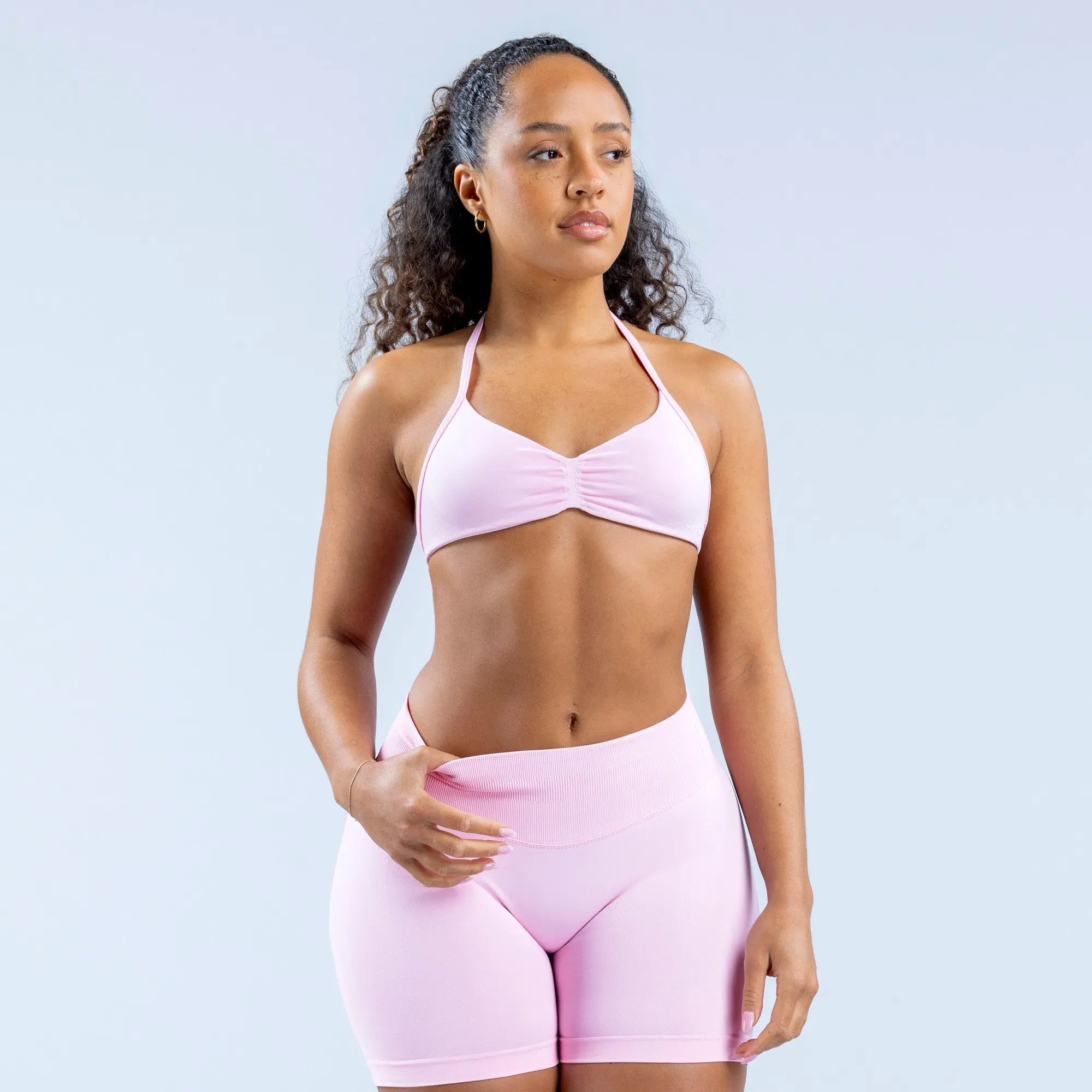 【Saved by 1K+ Shoppers】With Logo Dfyne Women’s Halter Sports Bra and Biker Shorts Set, Ruched V Neck Backless Workout Outfit, High Waisted Activewear for Gym Yoga Pilates