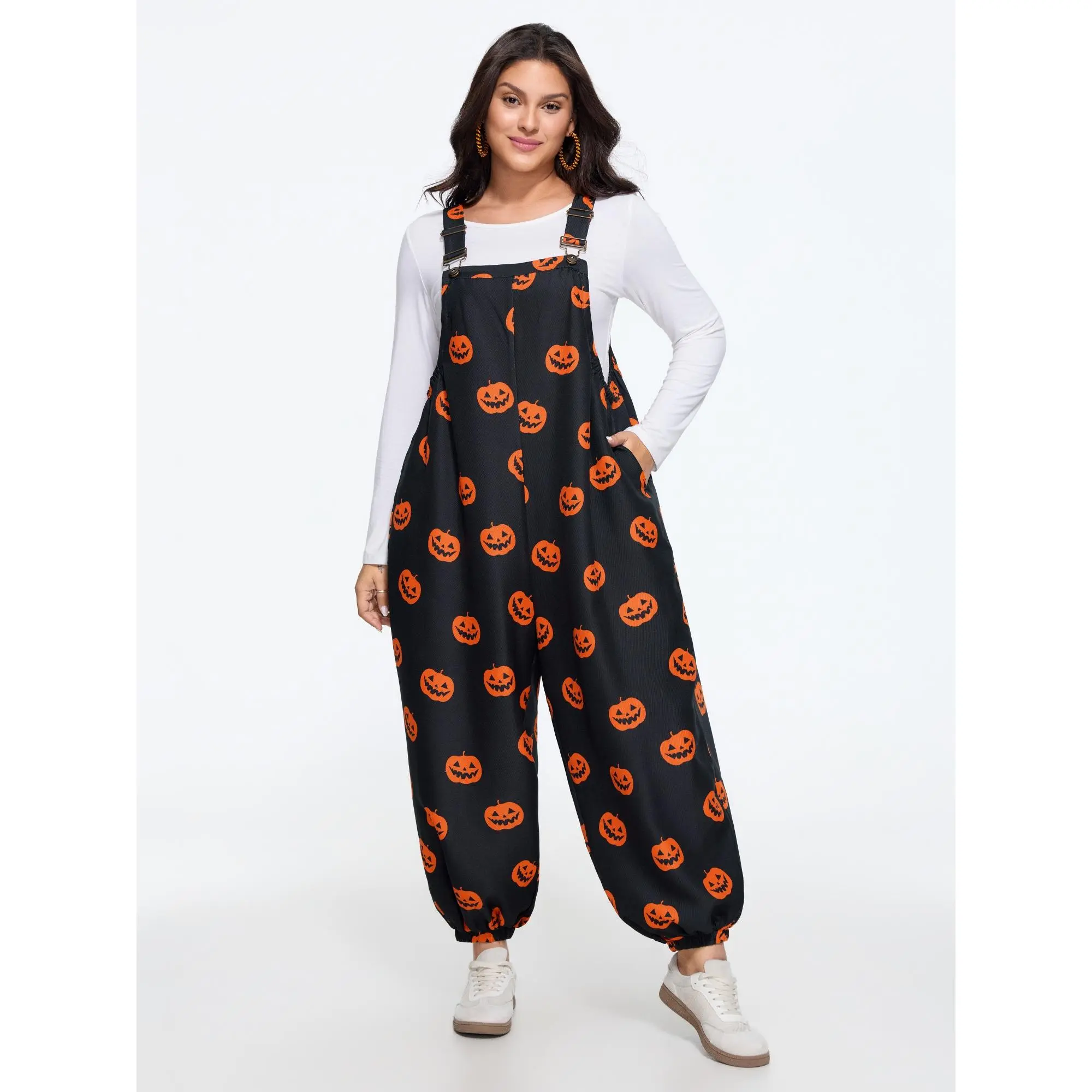 BloomChic Plus Size Halloween Jack‑O‑Lantern Print Adjustable Strap Overall Jumpsuit[M-6X] Back To School,Spotlight Day