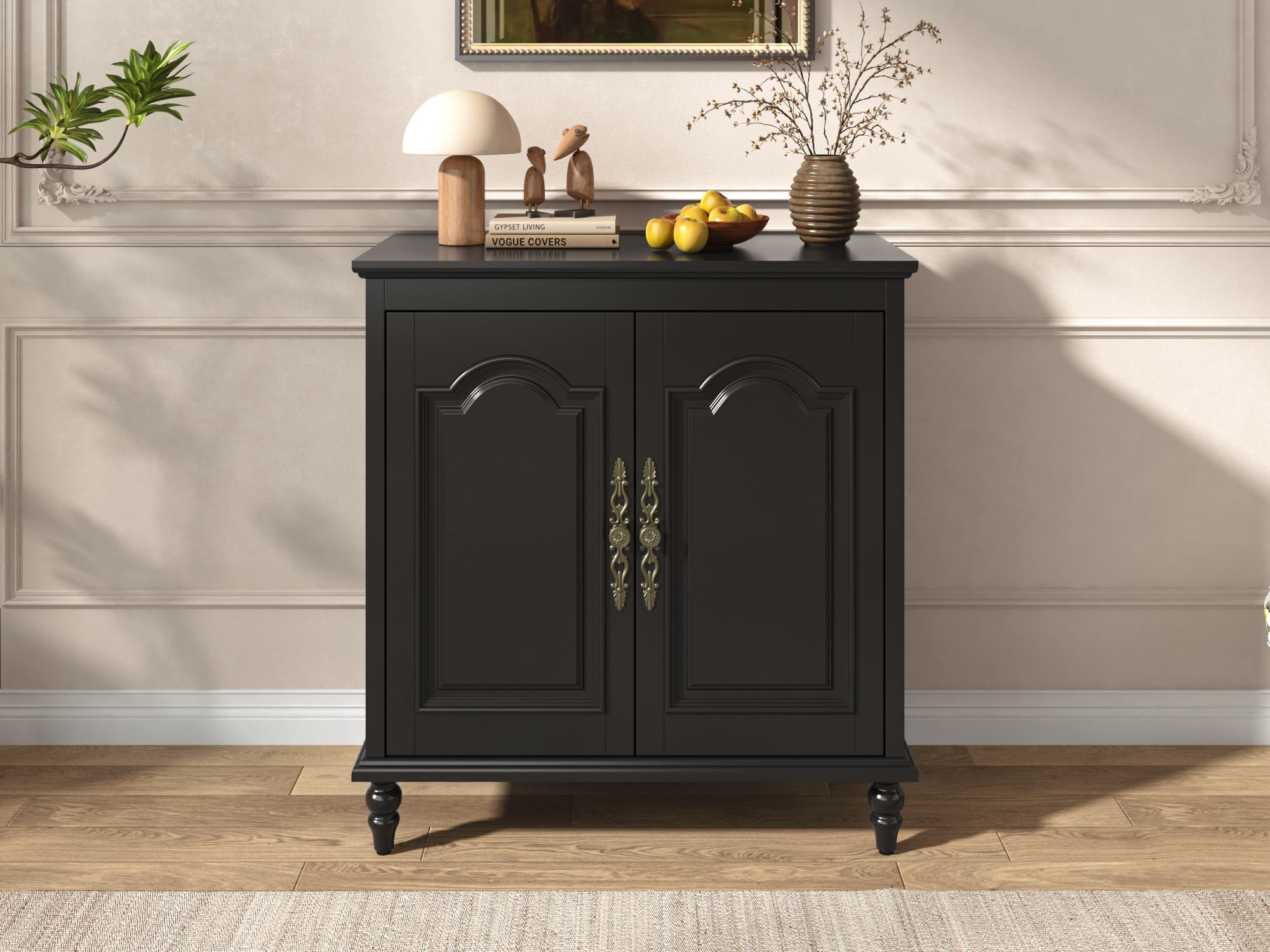 32" Farmhouse Sideboard Buffet Cabinet with Farmhouse Look, Wood Carving Design, Brass Carved Handles, Solid Wood Gourd Legs, Adjustable Shelves, Multi-Function Media Console for Entryway & Dining Room