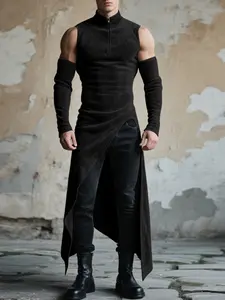 INCERUN Men's Fashion Casual Streetwear Simple Plain Solid Color Stand Collar Asymmetrical Hem Long Sleeve T-Shirt Top, Comfortable and Stylish, Perfect for Daily Wear, Menswear
