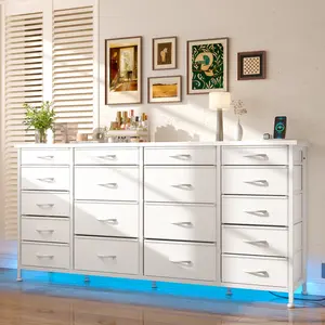 【TiktokSpringGlowUp】Raybee Furniture 63" W 18 Drawers Dresser, with LED Lights & Power Outlets, Long Dresser for 65" TV Stand for Bedroom, Large Fabric Dressers & Chests of Drawers for Bedroom, Sturdy Metal Frame