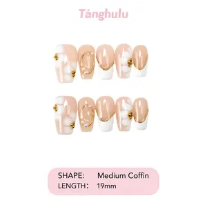 Tanghulu Nails-Blanc Adorné Collection/Handmade Press On Nails/ Coffin/white French Tip / Medium 19mm