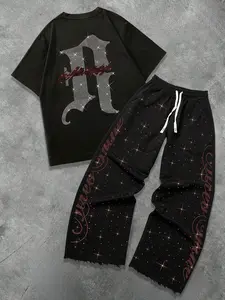 Men's Rhinestone Gothic letter two-piece sportswear, Y2K shiny silk screen printed T-shirt and pants set, loose streetwear, suitable for raw pants, ideal for streetwear, parties, and casual wear, suitable for Y2K and fashion enthusiasts