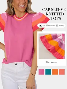 Shewin Women's Summer Cap Sleeve Tops Fitted Crewneck Loose Fit Knit Sweater Pullover Top Pink Vneck Soft Breathable Stretchy Knitting