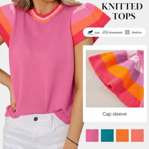 Shewin Women's Basic Casual Solid Knit Top - Short Cap-Sleeve, Soft, Breathable, Lightweight, Stretchy Knitwear Sweater, Crewneck/Vneck, Fitted/Loose Fit, Pink, Back to School Essential