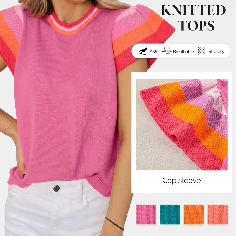 Shewin Women's Basic Casual Solid Knit Top - Short Cap-Sleeve, Soft, Breathable, Lightweight, Stretchy Knitwear Sweater, Crewneck/Vneck, Fitted/Loose Fit, Pink, Back to School Essential