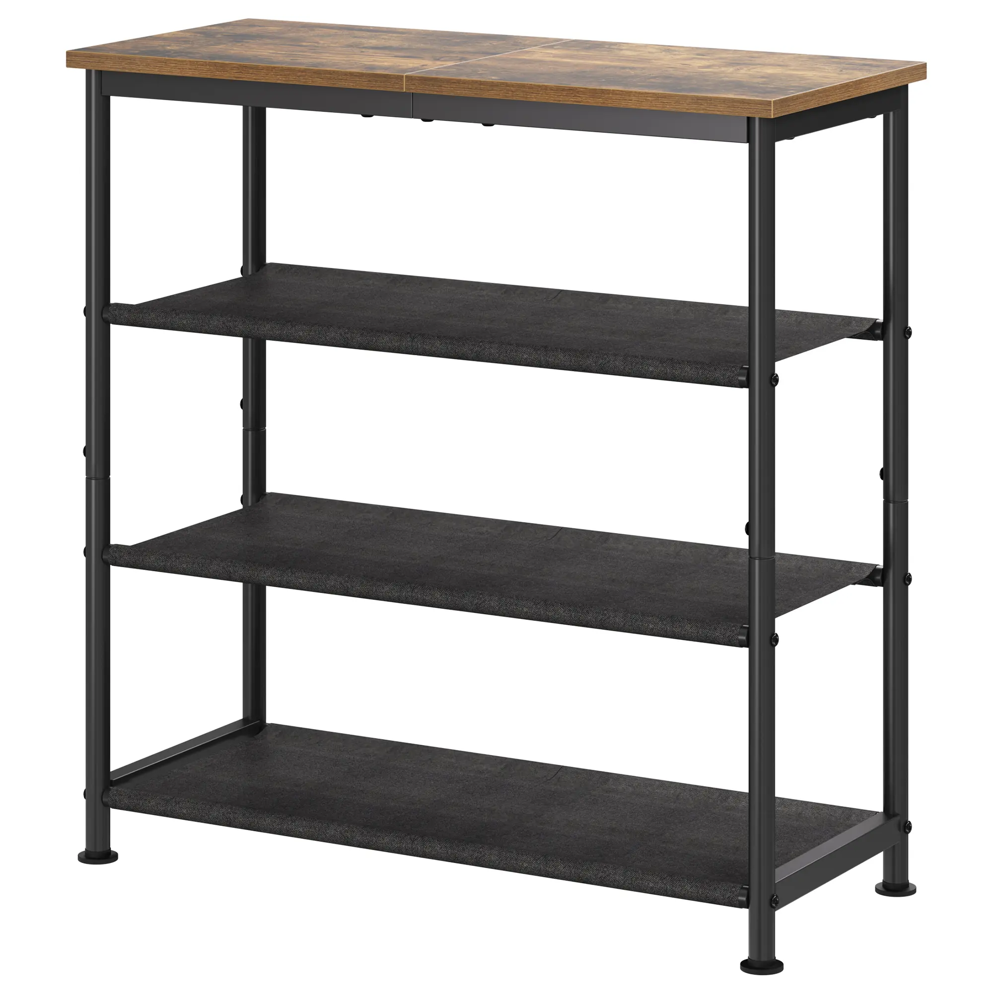 Durable 6-Tier Metal Shoe Rack with Wooden Top – Stackable Shoe Organizer, Holds 30-36 Pairs, Flexible Upright/Upside Down, 3 Fabric Shelves, Industrial Entryway/Closet Storage