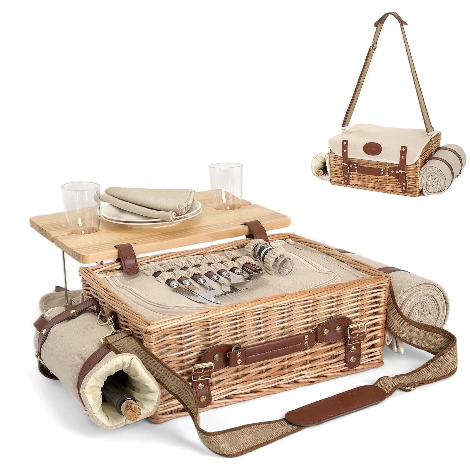 **Generic Multifunctional Wicker Picnic Basket Set for 2 Outdoor Couples Insulated Picnic Basket Full Tableware & Blanket with Folding Picnic Table Natural Wicker 1 Set Premium Handmade Romantic Camping Valentine's Day Birthday Gift**