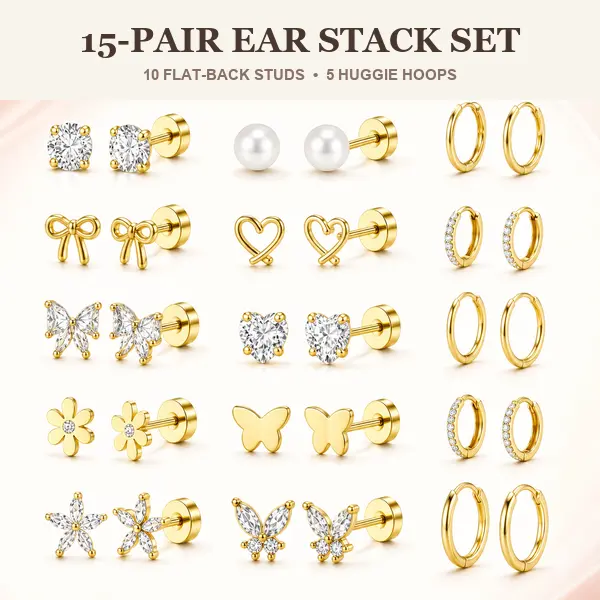 15 Pairs 14K Gold-Plated Flat-Back Earrings for Women, 316L Surgical Stainless Steel Studs & Huggie Hoop Earrings, Cartilage Ear Stack Jewelry