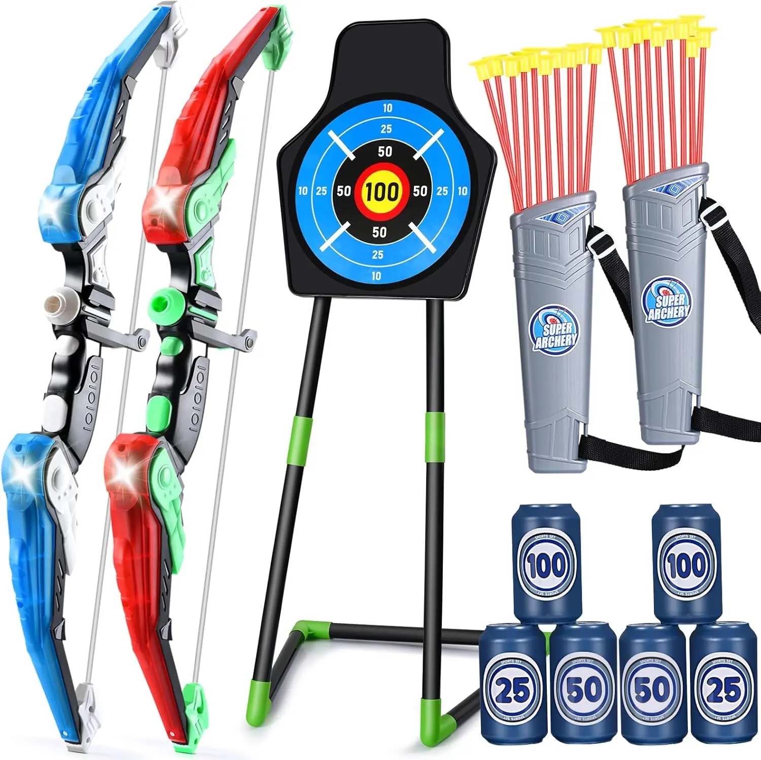 JOYIN OFFICIAL Kids Bow & Arrow Kit (Ages 4-8) with LED Lights - Boys' Archer Fun Boy Gift, 24 Suction Cup Arrows, 1 Standing Target, 6 Score Markers, Requires AA Batteries (Indoor/Outdoor Sport Toy)