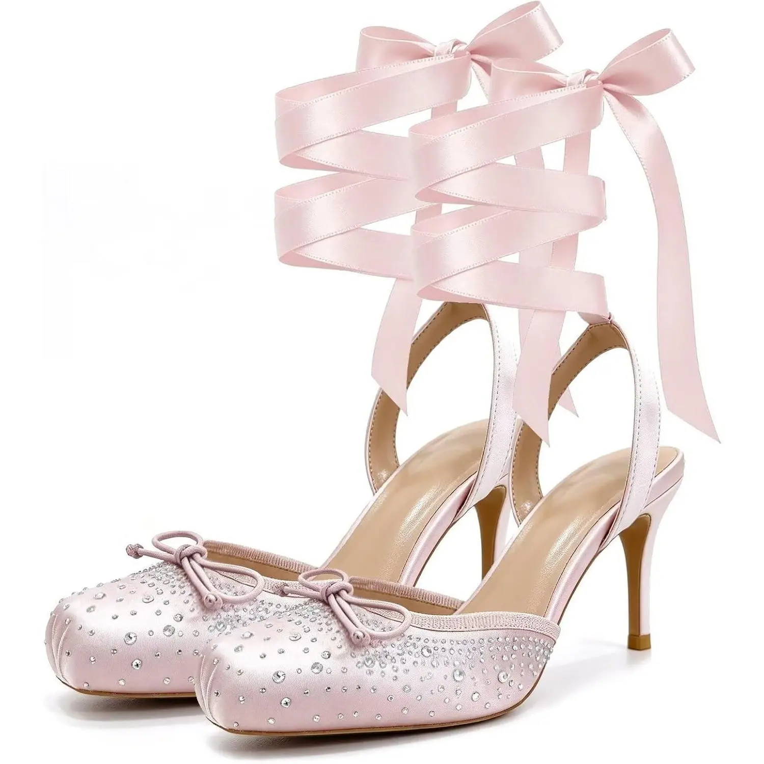 Women's Smooth Satin Square Toe Stiletto Heels - Lace-Up Slingback Pumps with Bow, Elegant Mary Jane Dress Shoes for Party Wear, Special Events, Steady Leg Support