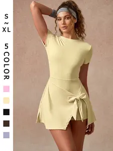 Women's Solid Color Sports Short Sleeve Dress High Stretch Soft Comfortable Slim Fit Backless Design Yoga Dress For Outdoor Running Gym Training Anti-Chafing Sports Tennis Dress Daily Fashion Casual Versatile Women's Golf Sports Skort