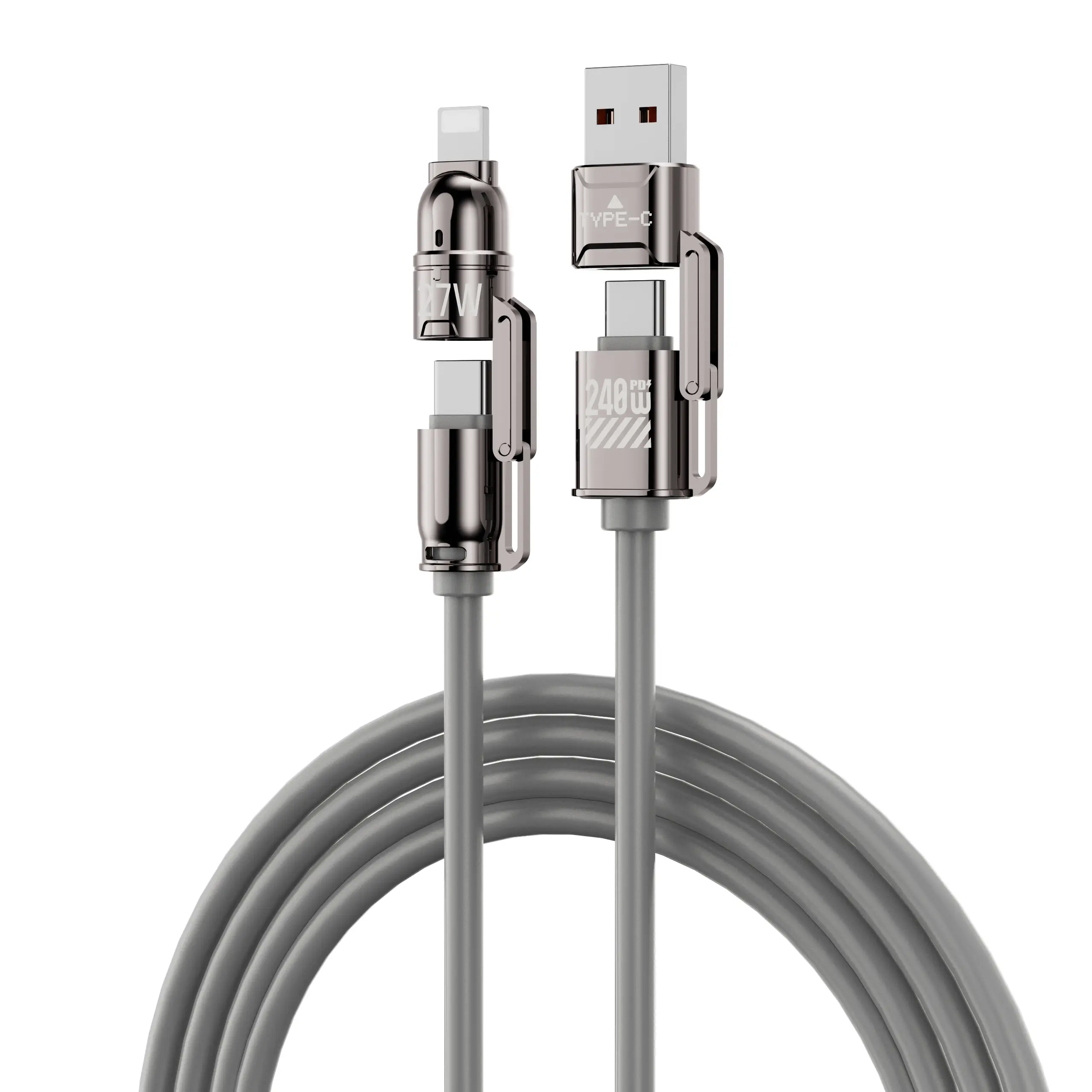 240W Fast Charging Alloy Aluminium Charger Set with Super Soft Liquid Silicone, 3.9FT (1.2M) 4-in-1 USB A-Type C Data Sync Cable for Mobile Electronic Devices
