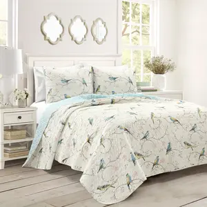 Lush Decor Botanical Bird & Flower Quilt 3 Piece Set - Reversible Bedding Full/Queen/King Sizes