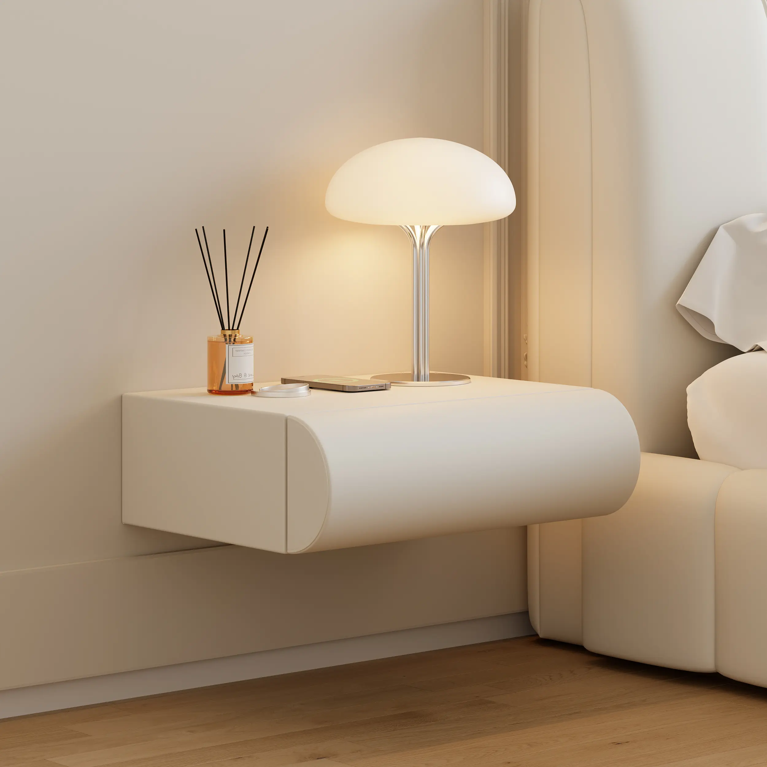 Homary Leather Floating Smart Nightstand with Drawer, Nightstands for Bedroom
