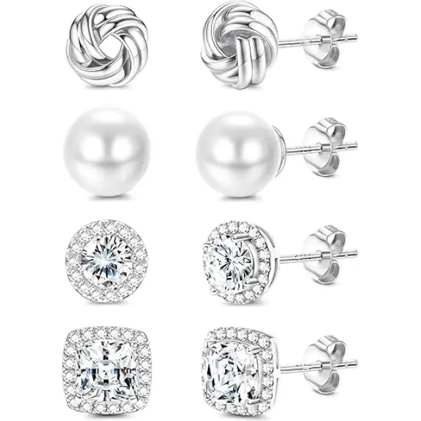 4Pairs Hypoallergenic Stud Earrings for Women Silver Earrings Gold Big Simulated Pearl Love Knot Brilliant Cubic Zirconia CZ Halo Stud Earrings for Sensitive Ears ﻿