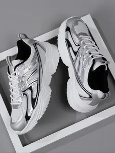 Silver Color High-Quality Men's Casual Shoes, Comfortable Sporty Outdoor Sneakers, Sports Shoes, Medium Width, All Seasons, Rubber Sole, Textile Upper