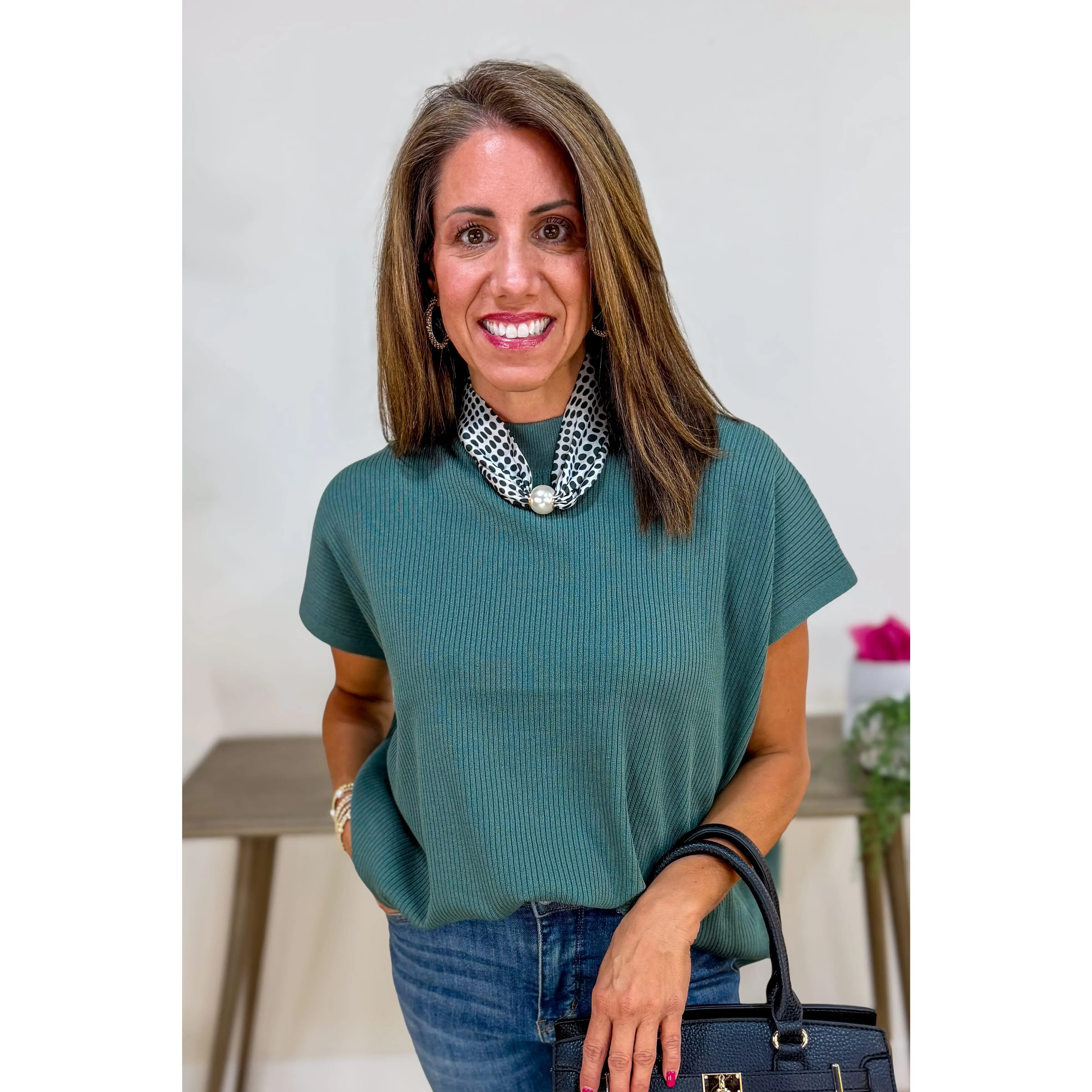 Ash Jade Mock Neck Boxy Short Sleeve Sweater
