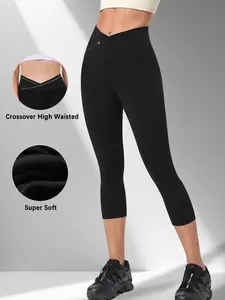 Women's Super Soft Crossover High Waisted Capri Pants Tummy Control No See Through Workout Yoga Running Leggings