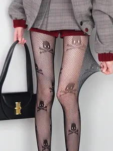 Women's Gothic Skull Pattern Stockings, Sheer Fitted Fishnet Pantyhose Tights, Punk Streetwear, Halloween Costume, Y2K Style