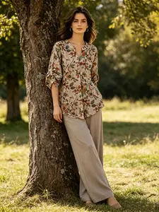 A set of women's fashionable apricot colored floral print light luxury casual suit, breathable and skin friendly fabric refreshing and comfortable, suitable for commuting to work, shopping and outdoor play, indoor and outdoor dressing, Casual Summer Set