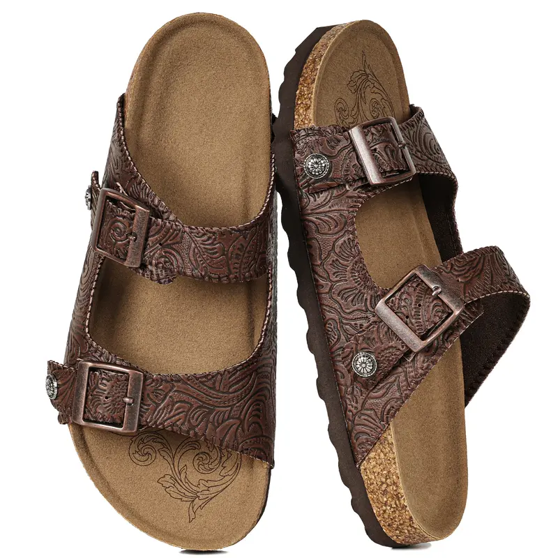 【2026 New】OOW Cork Footbed Slide Sandals for Women and MEN – Cowboy Boot Sandal Western Style Embossed Tooled Leather Upper, Arch Support Adjustable Buckle 2 Strap, Open Toe Wide Flat Slip On, Lightweight Summer Beach Vacation Walking Shoes,Casual Style