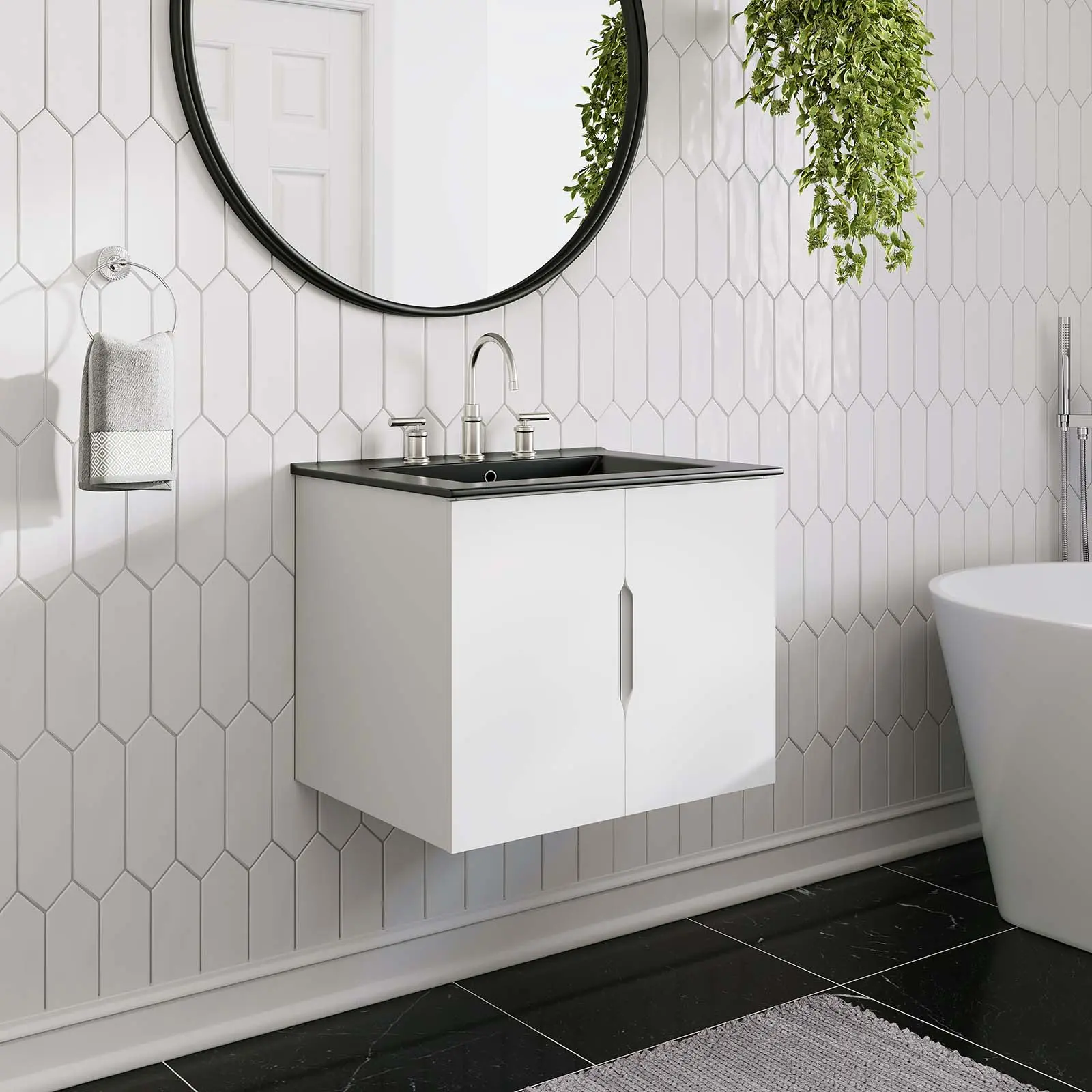Modway Vitality 24-in Bathroom Vanity - Adjustable Melamine Stylish Finish Bathroom Sink Cabinet, 8-in Centerset Faucet Holes, Integrated Countertop, Modern Accent Cabinet for Our Modern Space, Assembly Required (White, Black)