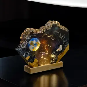 Astronaut Earth View Resin Diorama, Arte.mis II Mission Inspired Ornament, Deep Space Exploration Figurine, Interstellar Galaxy Wood Desk Decor Gift