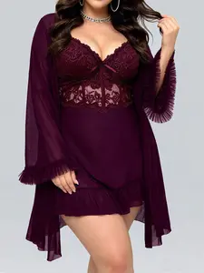 Women's Plus Size Lace Sheer Camisole Set Sexy lingerie suspender mesh jumpsuit lace pajama set plus size women's solid color elegant sexy comfortable mesh lace splicing bow thin shoulder strap nightgown+wide sleeved nightgown sleepwear home suit set