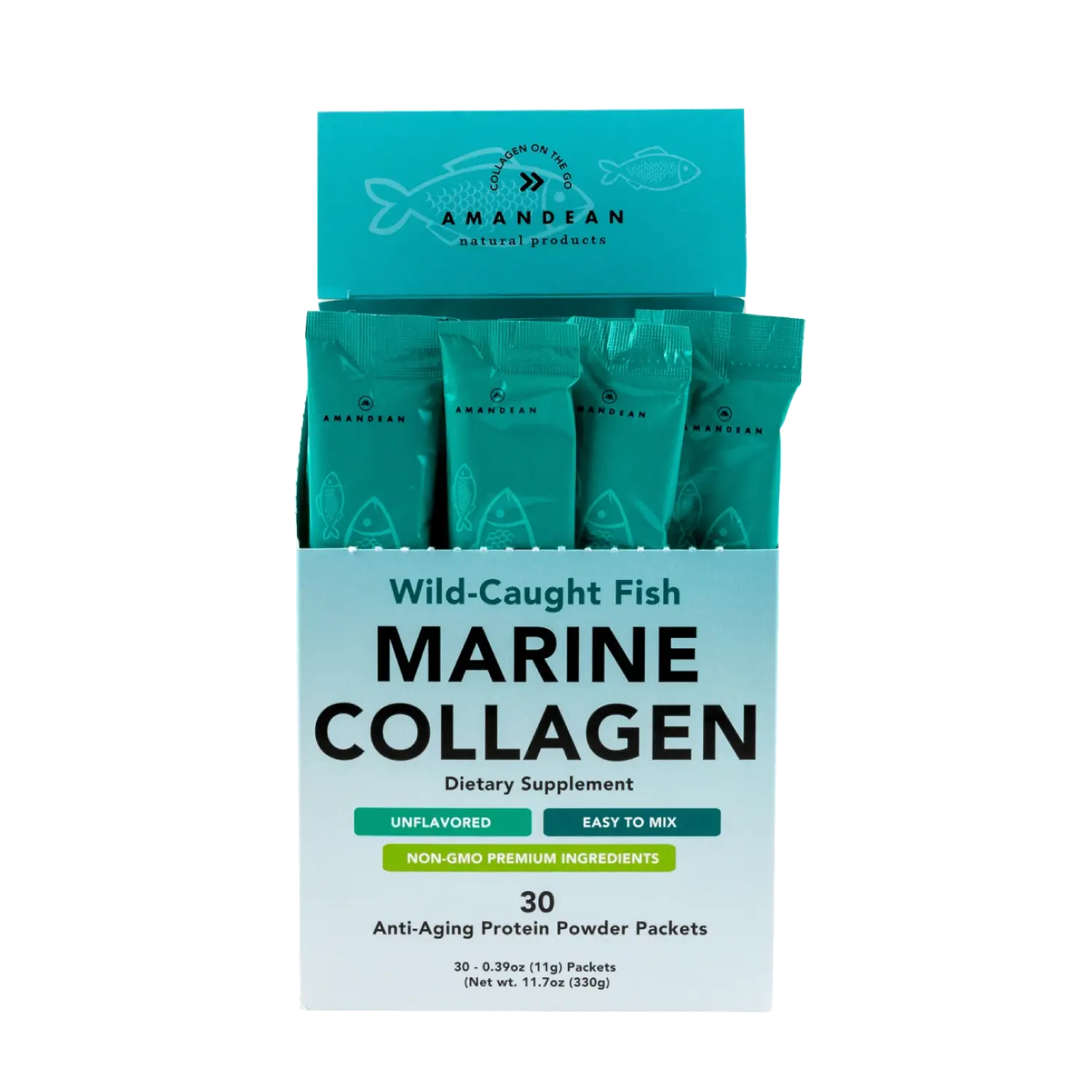 Amandean Sugar-Free Natural Wild-Caught Pollock Marine Collagen Powder Stick Packs - 30 Individual On-The-Go Packs, Fitness & Beauty Products Dietary Supplement for Adults' Hair, Skin, Nails, Smoothie Mix-Ins