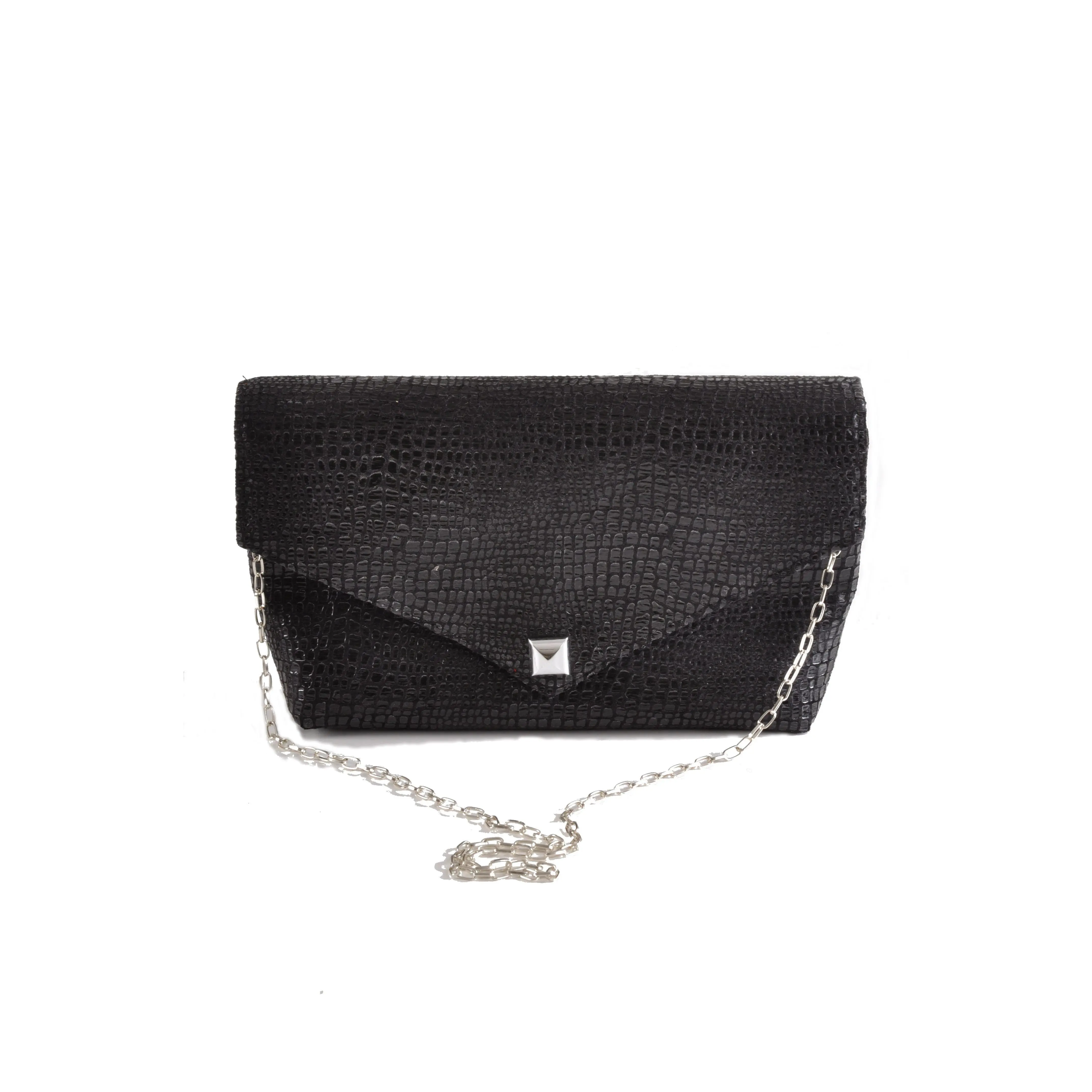 Boa Black Envelope Clutch - Designer Embossed Ultra Suede Evening Bag with Zippered Closure & Silver Chain Strap