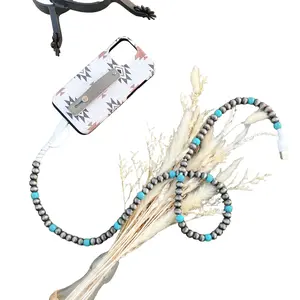 Navajo Style Pearl & Turquoise Beaded Western Charging Cord - 3ft or 7ft