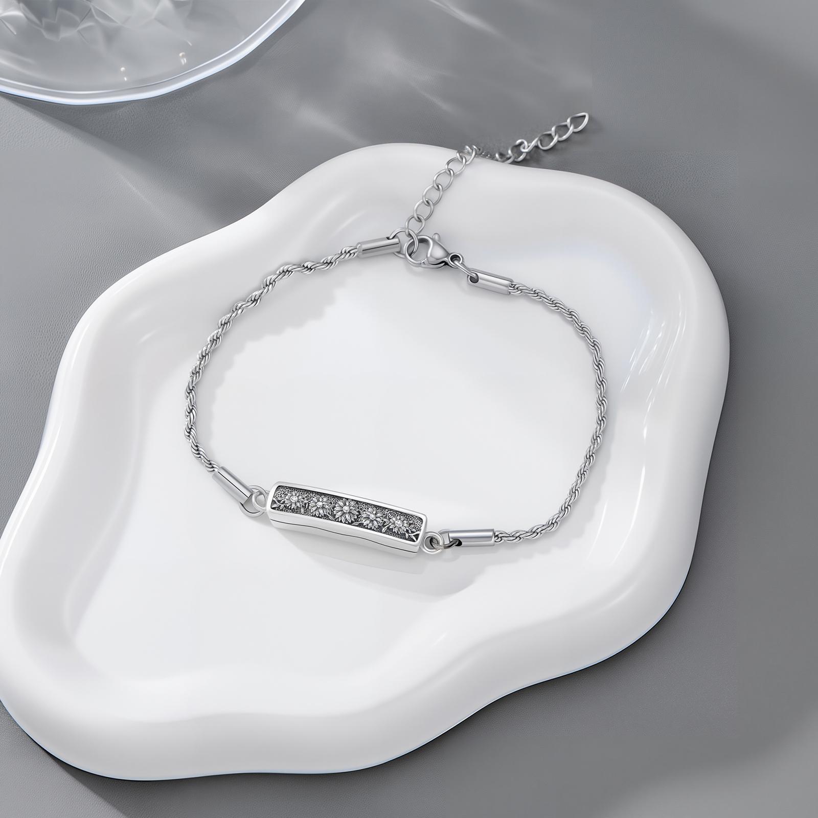 MEIDERBO Dream Chaser Sunflower Urn Bracelet 925 Sterling Silver Holds Ashes Flower Pendant Bella Chain Stainless Steel Rope Chain 7+2 Inch Memorial Jewelry