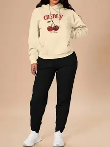 Women's Cherry & Letter Print Pocket Hoodie & Drawstring Waist Sweatpants Set, Casual Long Sleeve Hooded Sweatshirt & Pocket Jogger Pants, Women's Fall & Winter Clothes