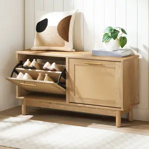 HOOBRO Rattan-Like Entryway Bench with Storage, Shoe Bench Cabinet, Shoe Rack Bench with 2 Flip Drawers, Wooden Solid Legs, for Entrance, Living Room, Bedroom, Natural #SummerVibes