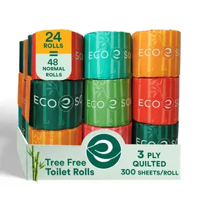 ECO SOUL Bamboo Bliss Eco-Friendly Toilet Paper 24 Rolls 3 Ply 300 Sheets Roll Tree Free Sustainable Biodegradable Compostable