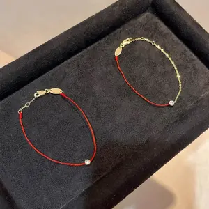 Paris France Red String Gold Plated Zodiac Sign Single Diamond Red Bracelet Half Rope Half Chain Jewelry Couples Gift for Women