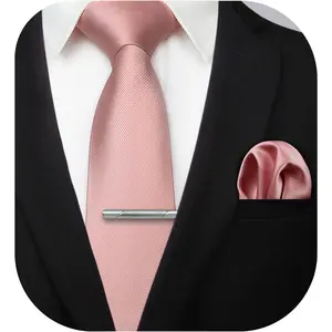Mens Ties Solid Color Wedding Ties and Pocket Square Neckties Clip Sets Business Formal Satin Ties for Men
