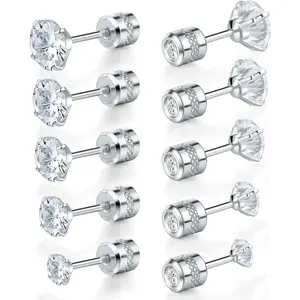 GEMSME Pack of 5 Round CZ Screw Flat Back Earrings Hypoallergenic for Sensitive Ears Jewellery