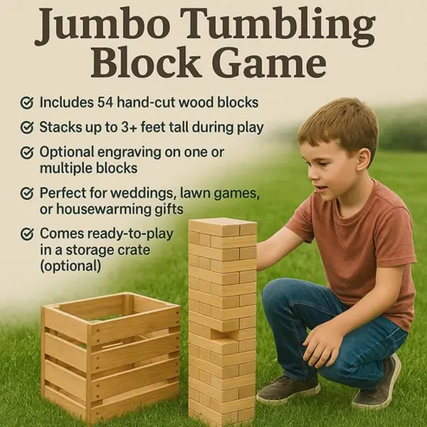 stacko Jumbo Tumbling Block Board Game - Natural Wood Finish 60 Hand-Cut Blocks, Portable Set for Kids Outdoor Play & Weddings, Storage Crate for Ready-to-Play, 3+ ft Stack Height, Custom Engraving, Ages 8+