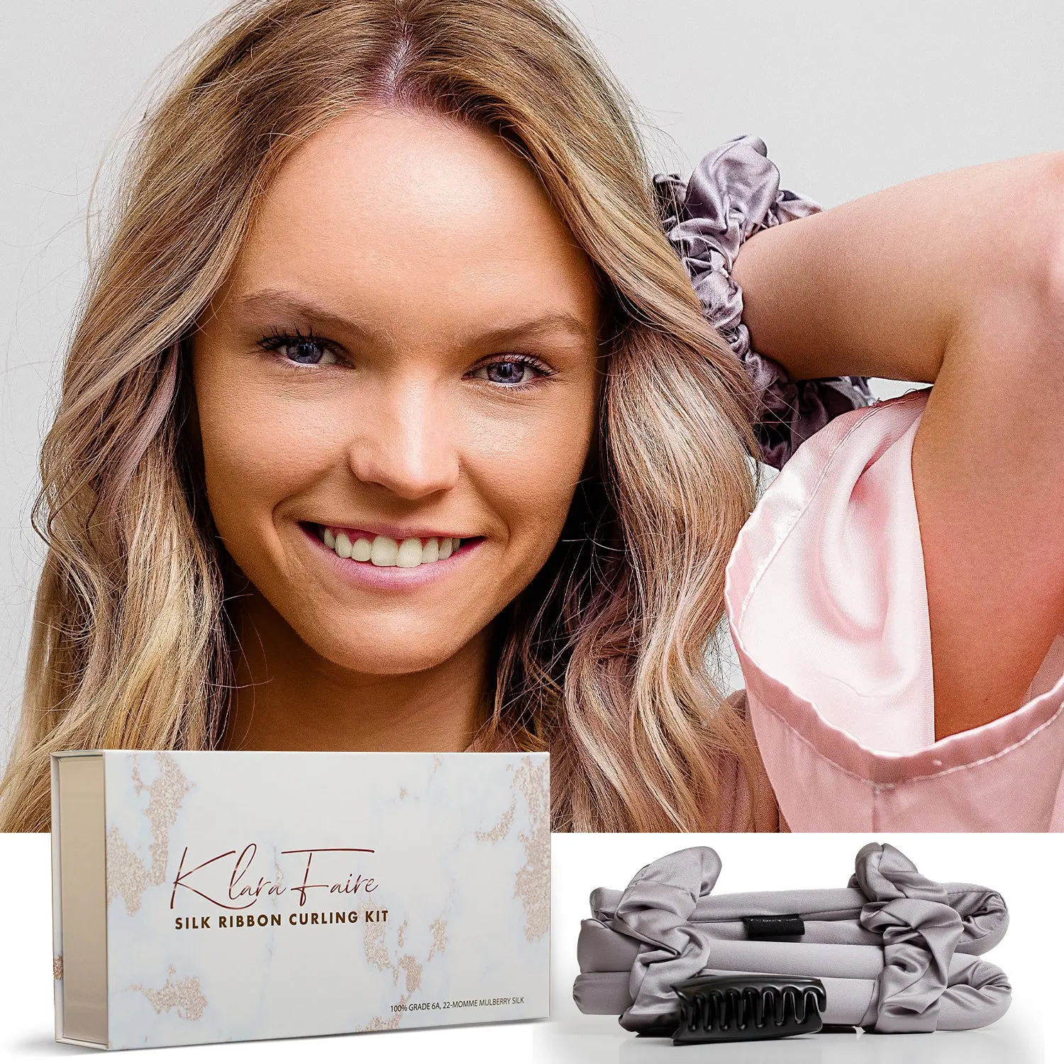 Klara Faire™-  100% Silk ribbon Curler and Scrunchies Set - Black Silver