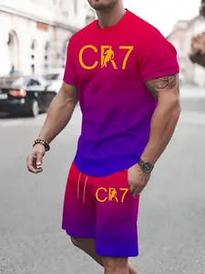 Men's Cr7 Football Sports Set, Summer Gradient Dry Short Sleeve Shorts, Youth Cristiano Ronaldo Training Jersey Shorts Two-Piece Set