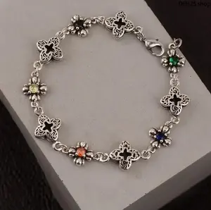 Silver Stackable Bracelet with Clover Charms and Colorful Stones, Unisex Vintage Fashion Jewelry, Daily Wear Accessory, Gift for Women and Men
