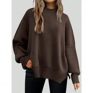 Solid Drop Shoulder Split Hem Sweater,Long Sleeve Tops