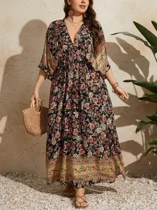 [Plus Size] All Over Floral Print V Neck Dress, Casual Boho Fashion, Elegant Casual Paisley Print 3/4 Sleeve Dress for Summer, Women's Clothing for Daily Wear, Womenswear