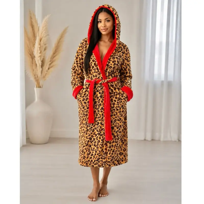 Hooded Leopard Print Robe with Red Interior, pockets, reversible belt, women's loungewear, bathrobe with hood