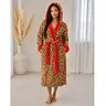 Hooded Leopard Print Robe with Red Interior, pockets, reversible belt, women's loungewear, bathrobe with hood