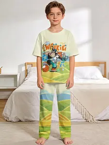 Mickey's Beach Sports Party 2-Piece Boys' Digital Printed Short-Sleeve Pajamas with Long Sleep Pants, a stylish, trendy, casual, comfortable and soft pajama set, suitable for boys' sleep and home leisure, a perfect gift for boys